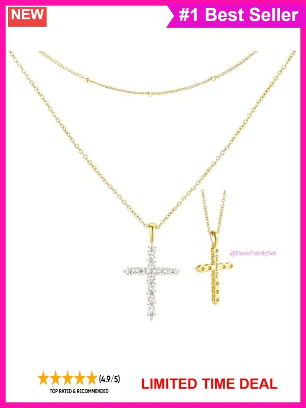 1.1ct Moissanite Cross Necklace 14K Gold Plated Sterling Silver Layered Pendant